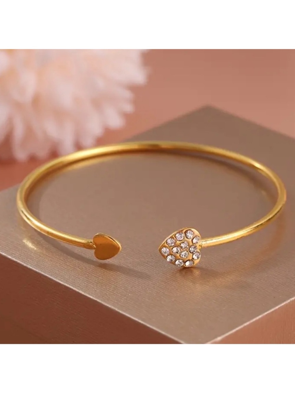 Gold Heart Open Bangle Bracelet with Crystal Accent